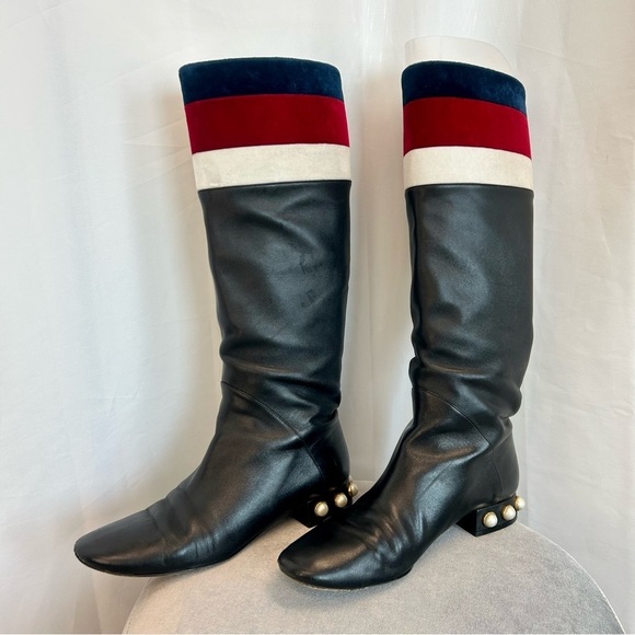 GUCCI ‘Jem’ black leather faux Pearl red blue white velvet stripe riding boot 39 - Picture 3 of 15